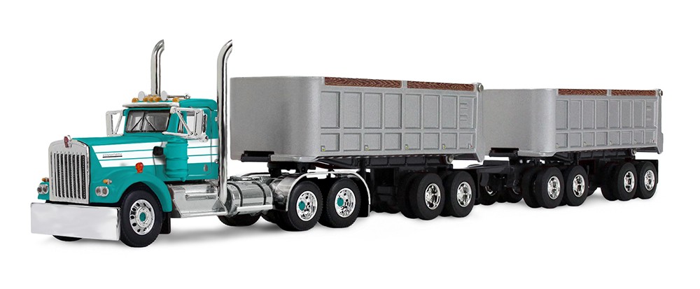 1/64 Turquoise/White Kenworth W900A Day Cab & 22’ Dual End Dump Trailers -DCP by First Gear