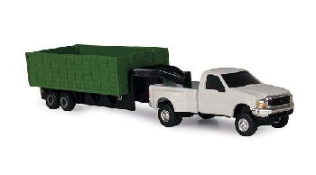 1/64 White Dually Pickup w Green Tandem Axle Gooseneck Grain Trailer - Ertl (2012)
